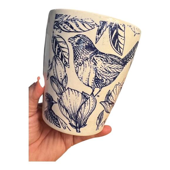 Blue & White Pottery Tumbler, Vase, Kitchen Utensil Holder/ Bird-PolkDot-Stripes - Picture 17 of 17